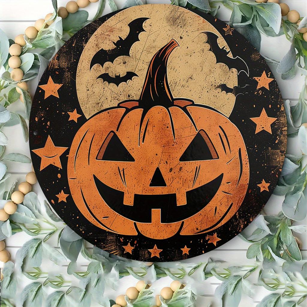 Charming Vintage Halloween Pumpkin Metal Sign - Durable Waterproof Aluminum Wall Art for Home, Cafe, Garage