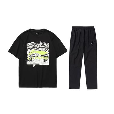Cartoon Print Cotton Loose Short Sleeve T-Shirt Thin Quick-Dry Casual Sports Suit Men Tops Black AHSR401-2+AYKT413-1