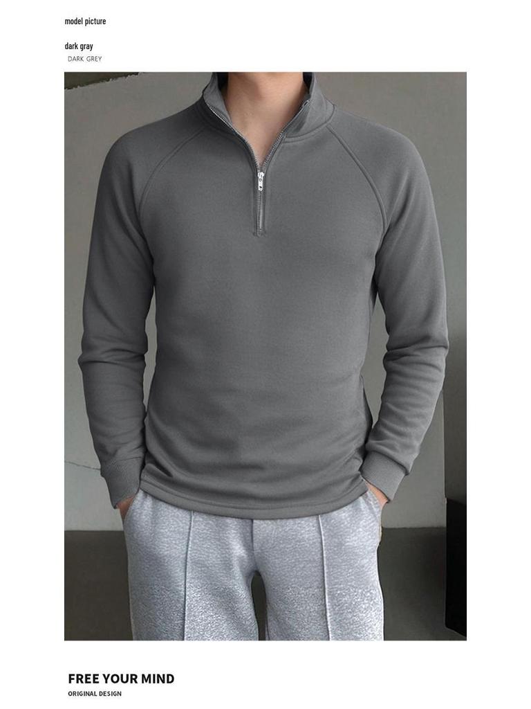 Men's European & American Slim Fit Raglan Sleeve Half-Zip Sweatshirt with Stand Collar - Solid Color Casual Wear for Spring & Autumn.