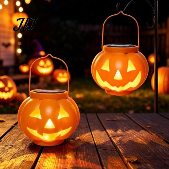 Weather Resistant Patio Lanterns Halloween Pumpkin Solar Lantern, Waterproof Outdoor Hanging Light, Orange Decorative Resin Lamps Spooky Face Lantern