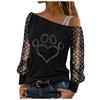 Fashion Women Sexy Mesh Stitching Leaky Shoulder Top Casual Loose Pullover Long Sleeve Tops