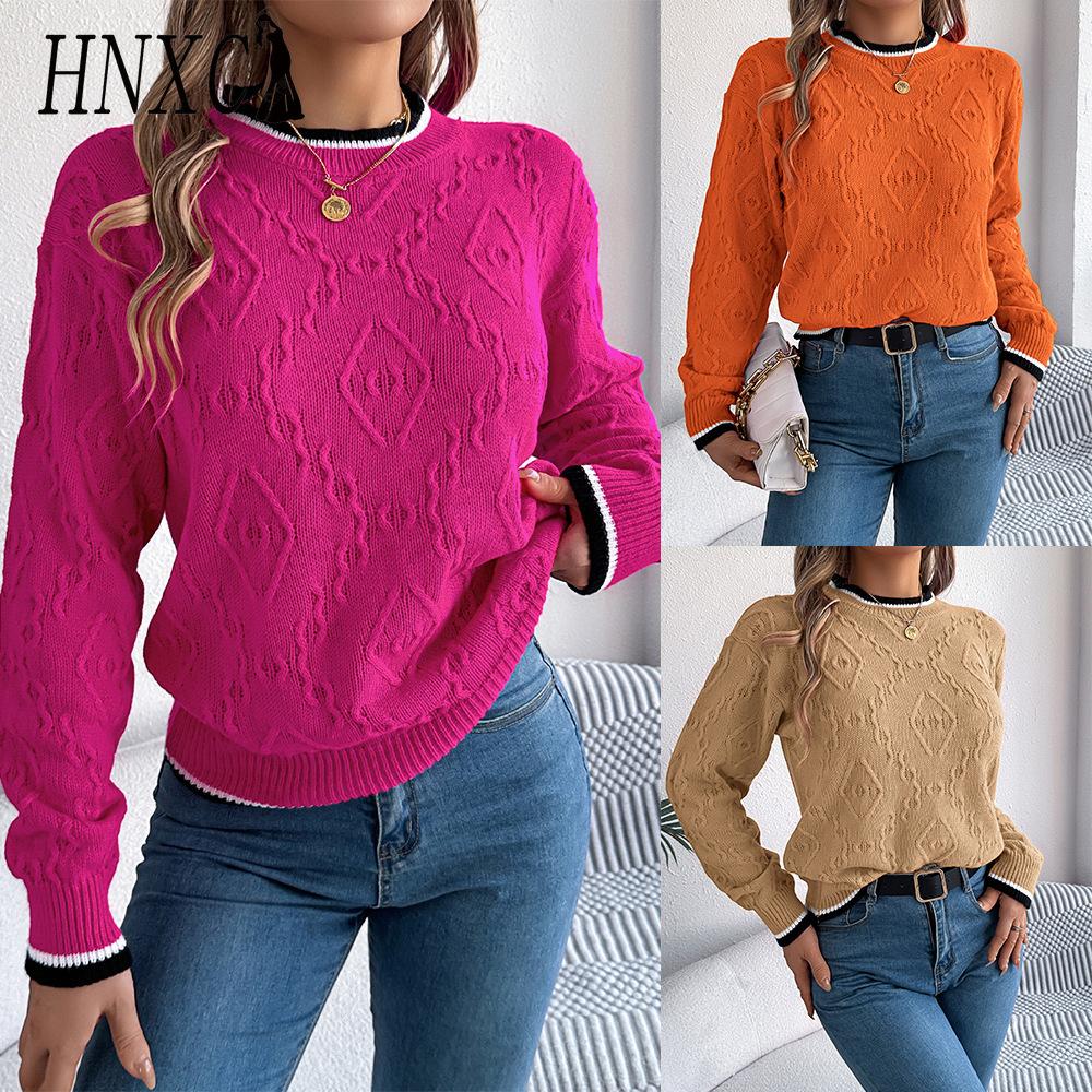HNXC Autumn and Winter Casual Color-blocking Braided Long-sleeved Pullover Sweater for Women