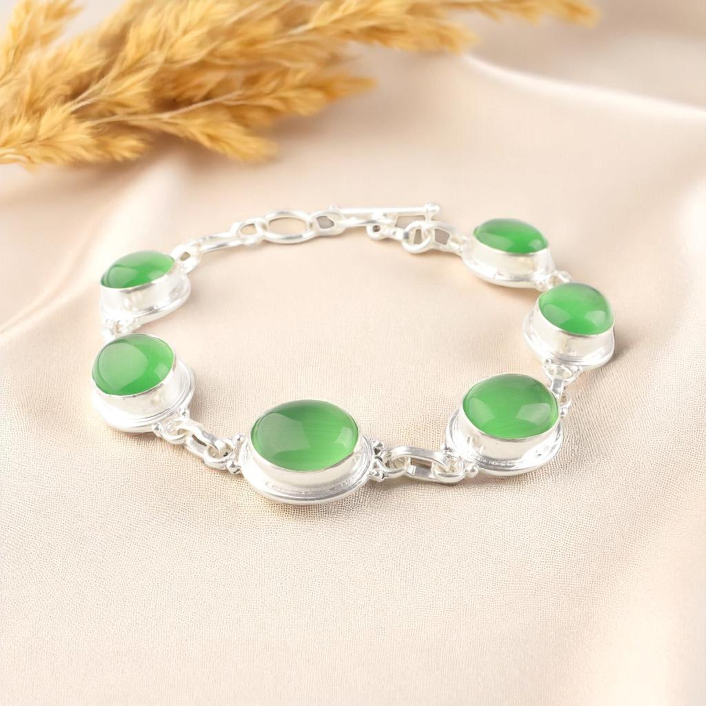 Natural Green Cat's Eye Gemstone 925 Sterling Silver Handmade Boho Bracelet 8.5" RB-3-24