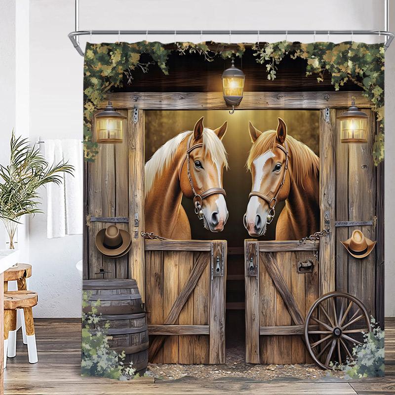 Western Barn Horse Shower Curtains Sunflower Lavender Floral Farmhouse Wooden Door Farm Animal Bathroom Curtain Decor with Hooks