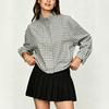 Women's Plaid Short Zip-Up Jacket with Long Sleeves and Stand Collar