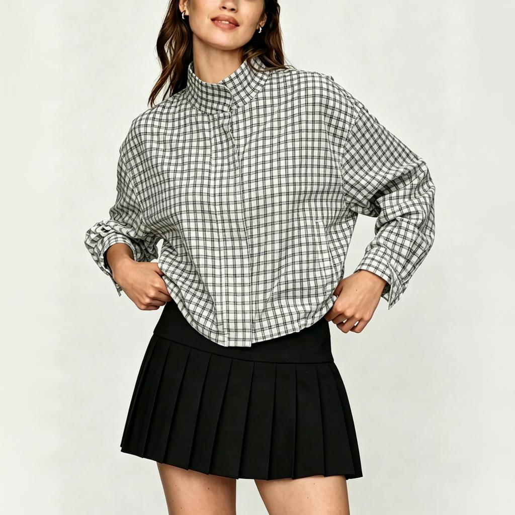 Women's Plaid Short Zip-Up Jacket with Long Sleeves and Stand Collar