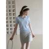 [Qiao Mi] Korean Shoulder Polo Shirt Women's Ice Silk Knitted Short-sleeved T-shirt Summer Small Lapel Top