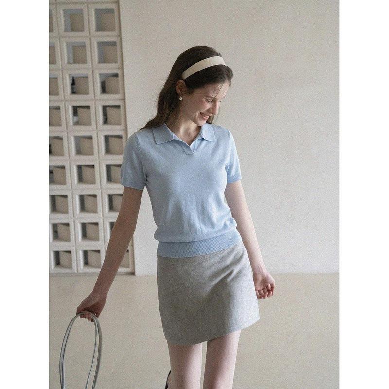 [Qiao Mi] Korean Shoulder Polo Shirt Women's Ice Silk Knitted Short-sleeved T-shirt Summer Small Lapel Top