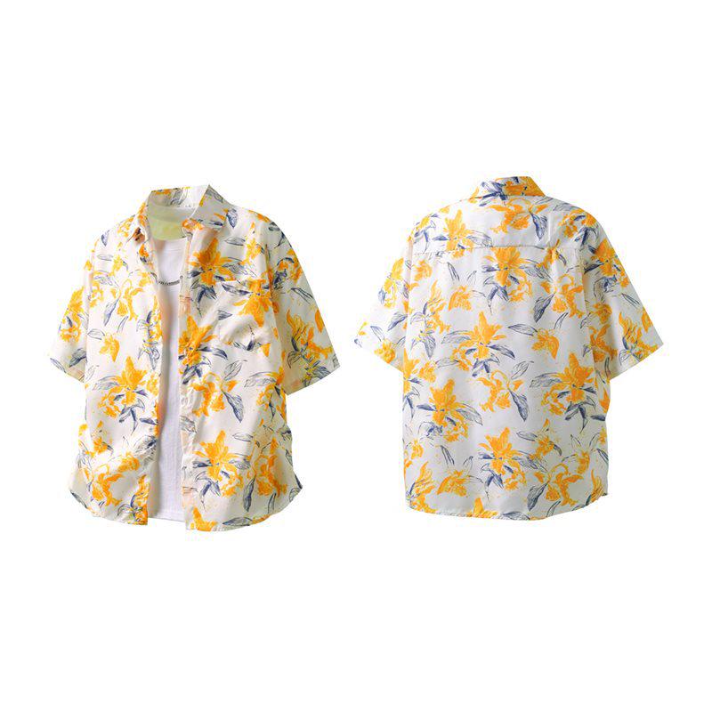 Men's Yellow Floral Print Ice Silk Vacation Shirt - Short Sleeve, Loose Casual Style