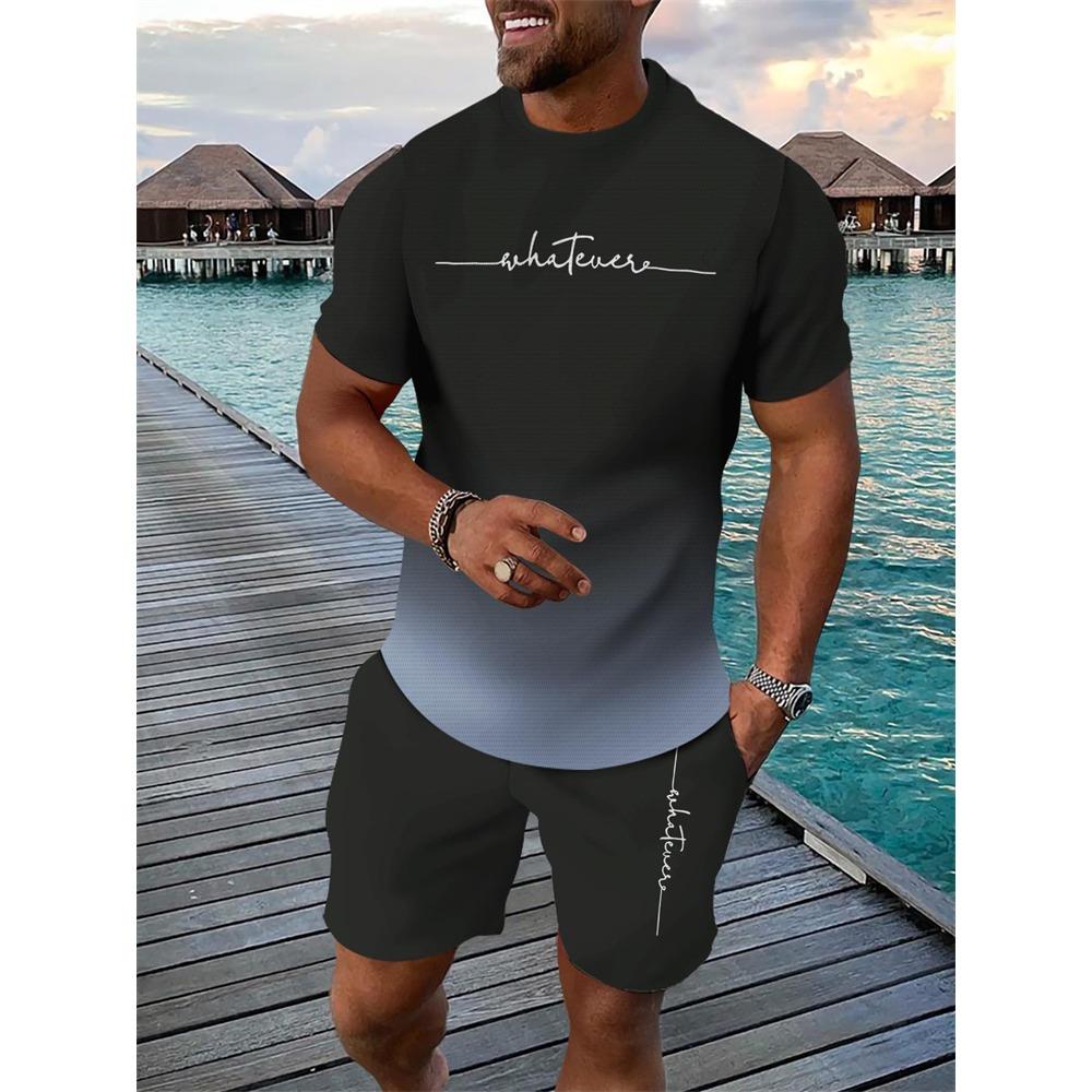 Men's Breathable Athletic Set Summer 3D Letter Print T-Shirt And Shorts Set Adult Lightweight Fitness Wear Casual Sportswear Set