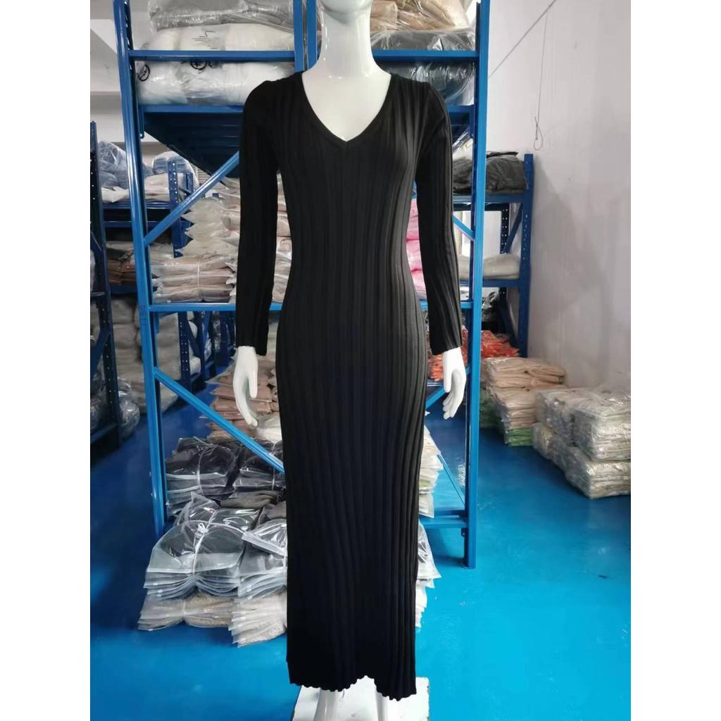 Knitted, Dress, Casual, Waist Cinching, V-neck, Striped, Knitted Long Skirt, Women's