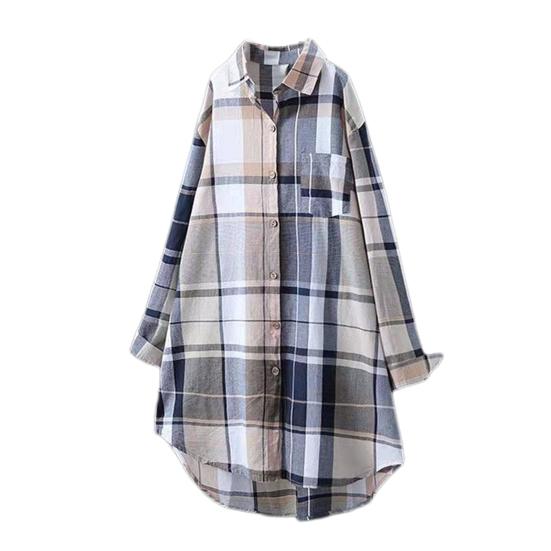 Women Shirt Lapel Long Sleeve Colorful Plaid Print Shirt with Pocket Loose Fit Mid-length Single-Breasted Shirt