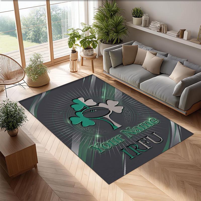 Ireland Rugby Crystal Velvet Rug, Custom Name Text Personalized Non‑Slip Floor Mat for Home Decor Gift