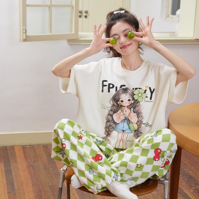 Women's Cotton Pajamas Summer New Sle Ort Sve Long Pants Large Size Cartoon Cute Sweet Home Leisure Suit Set Casual Fasion