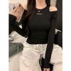 Amerikanischer Stil Schwarz Besticktes Off-Shoulder Langarm Damen-T-Shirt - 2026 Frühling/Herbst Schlanke Passform Spicy Girl Basis-Layer