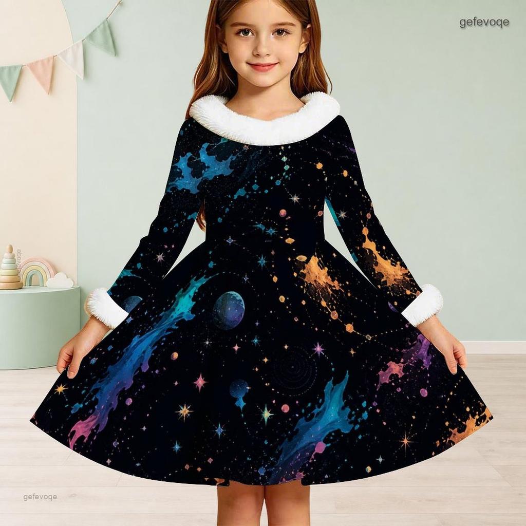 Girls Long Sleeve Colorful Printed Dress Furry Collar Furry Cuffs A Line Flared Hem
