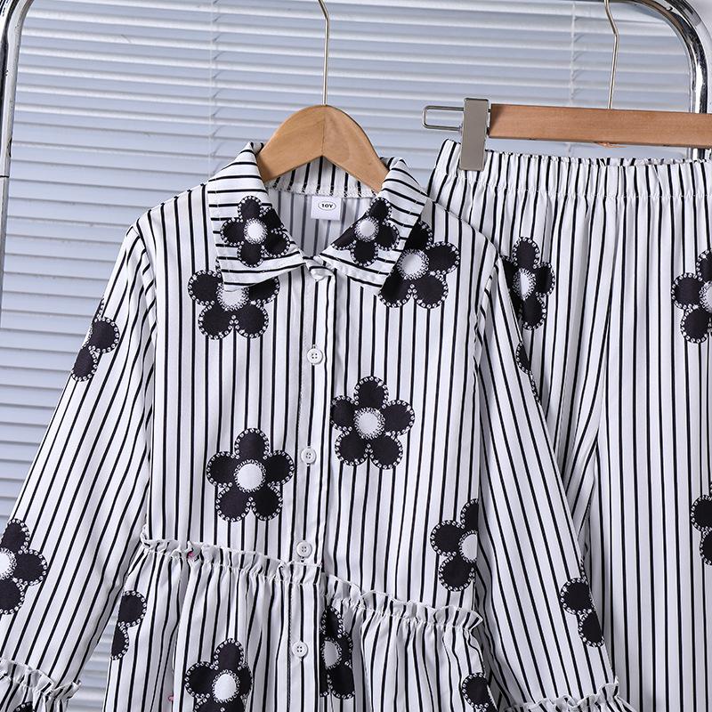 Girls' Fashionable Shirt Set for Fall Children's Striped and Floral Long-Pants Two-Piece Set