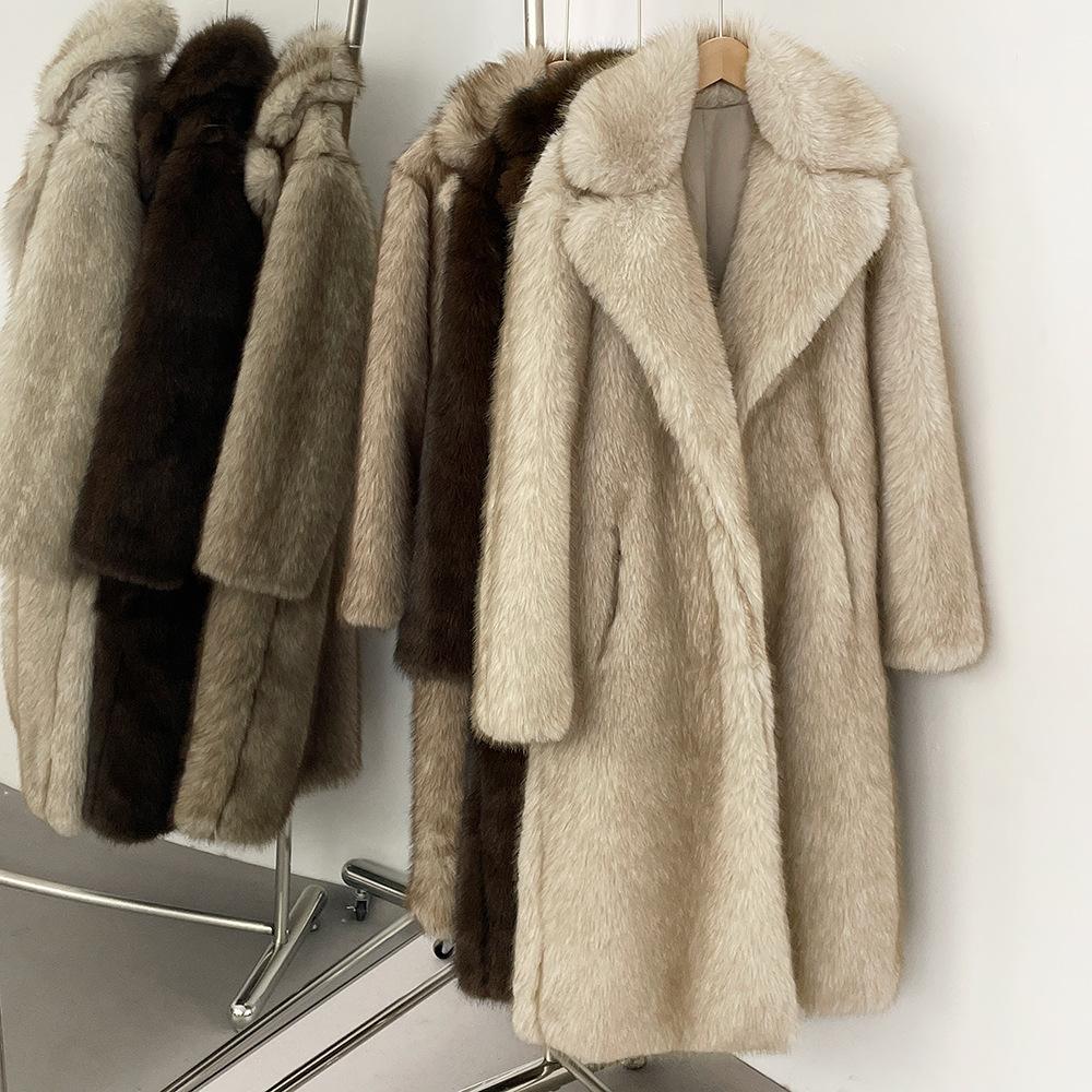 Winter Women Faux Fur Jacket Coat Solid Khaki Long Sleeve Thick Warm Overcoat Outwear Fluffy Coat for Women