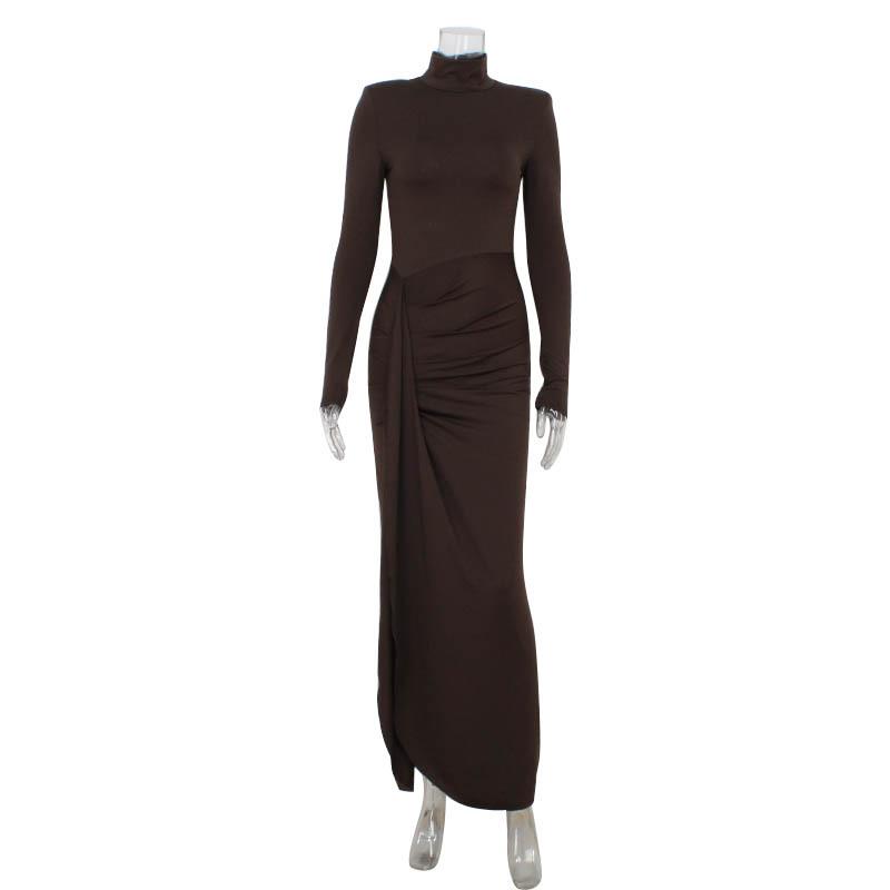 Women's Fall Winter Fashion High Neck Long Sleeve Patchwork Tie Waist Bodycon Solid Color Dress