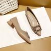 Leather French thick heel low heel single shoes femininity pointed rhinestone square buckle occupation commuter work large size women's shoes