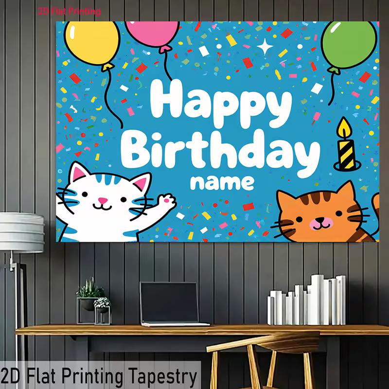 2D Customizable Cat Birthday Backdrop, Kids Party Decoration Background
