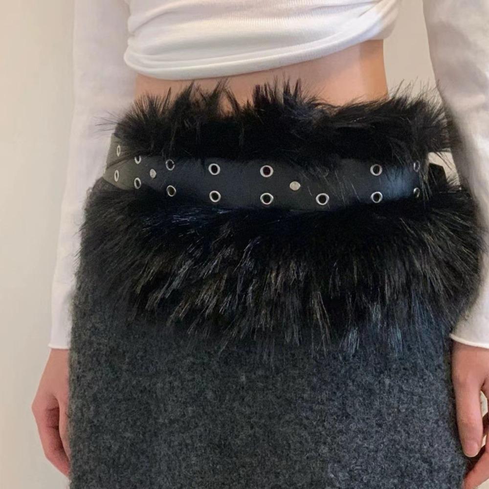 Rivet Leather Fur Belt PU Leather Y2K Waistband Personality Plush Belt  Female/Girls