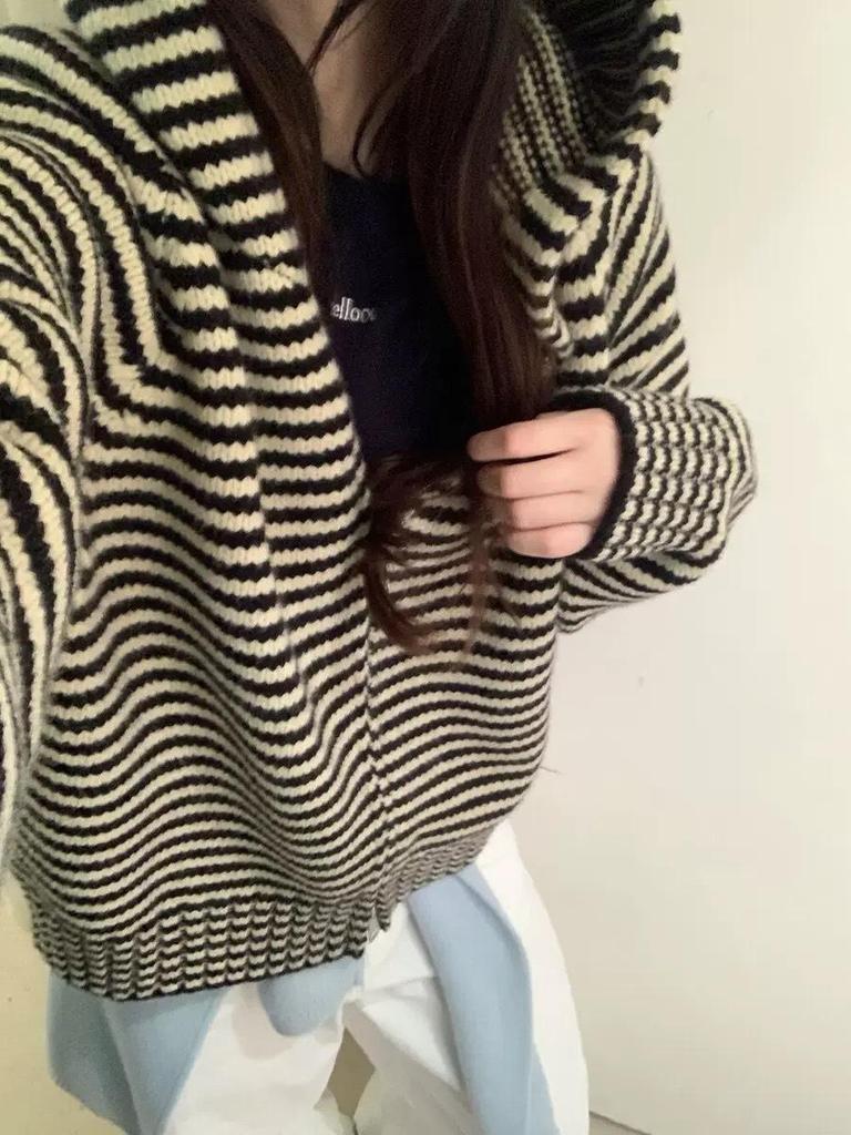 Korean Color Block Stripe Hooded Cardigan for Women - Autumn/Winter Fashion