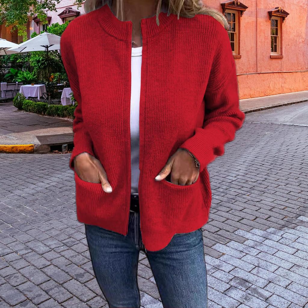 Women's Fashionable Solid Color Long Sleeved Stand Up Collar Zipper Loose Pocket Jacket Casual Jacket