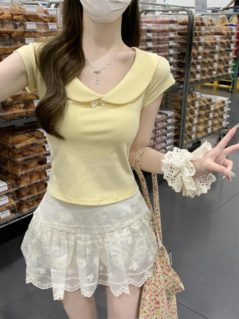 Korean Sweet Spring/Summer Slim-Fit Doll Collar Pure Cotton T-Shirt