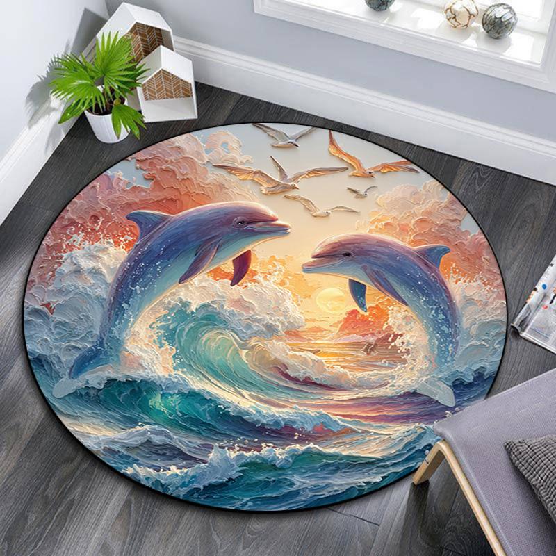 Dolphins Round Area Rug,Carpet Rug for Living Room Bedroom Sofa Playroom Decor,Non-slip Floor Mat