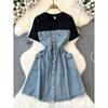 Spring and Autumn Fashion A- line Denim Dress Fake Two-Piece