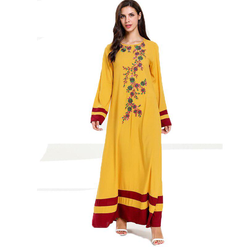 Buy Embroidery Floral Muslim Dress Women Patchwork Big Size O Neck Full