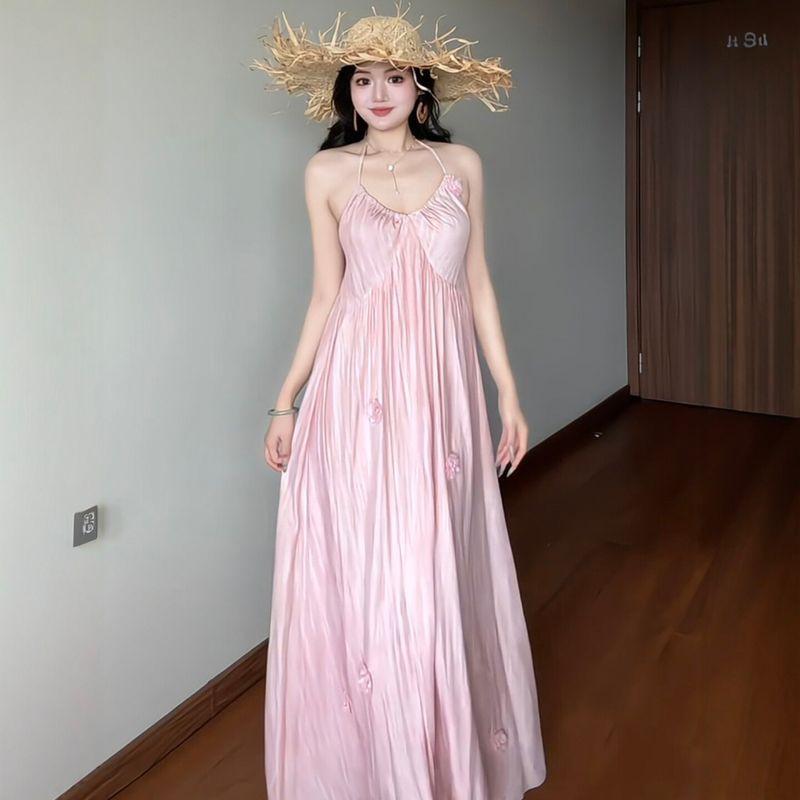 

Plus-Size Women s Clothing for Fat Girls, Holiday Style Three-Dimensional Floral Halter Neck Strap Dress, 2026 Summer Elegant Slimming Long Dress Dress L