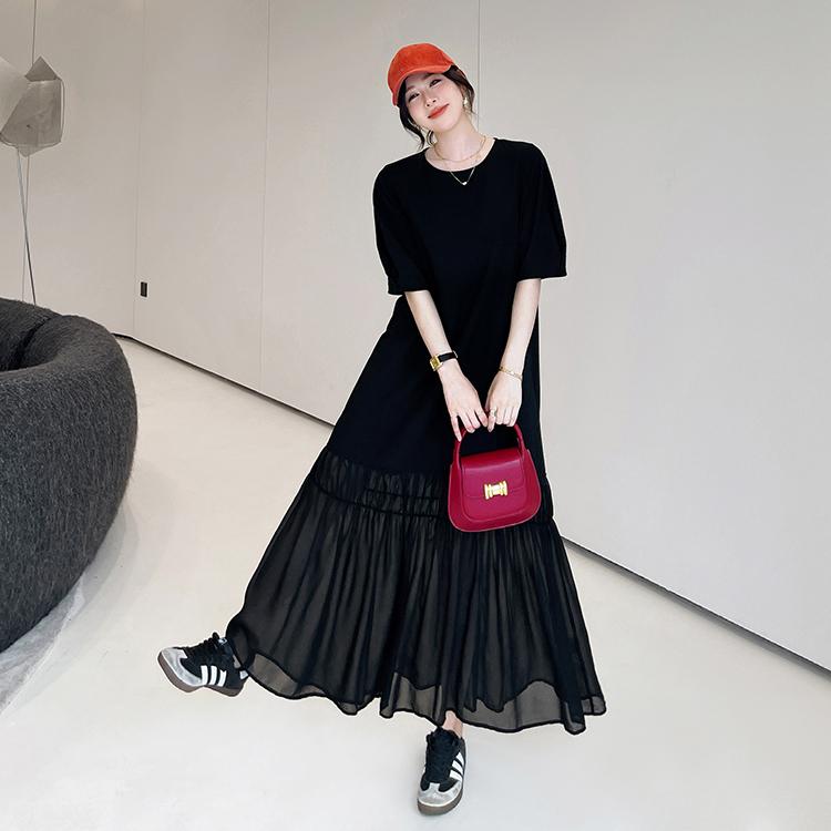 

DIMANAF 2025 Летнее платье больших размеров для женщин Повседневное винтажное длинное платье Базовое свободное черное платье с коротким рукавом Макси 3XL чёрный