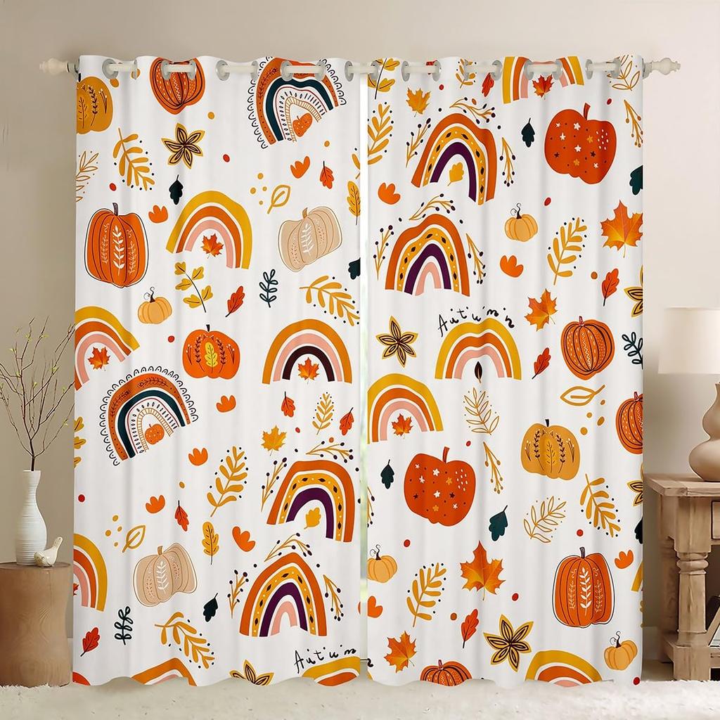 Autumn Leaf Pumpkin Print Curtain Fall Festival Curtains Bedroom Living Room Happy Thanksgiving Decor With Blackout Polyester Perfect For
