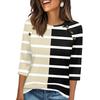 Women 34 Sleeve Crew Neck Button T Shirt Casual Striped Print Loose Fit Pullover Top for Daily Wear Office School Travel