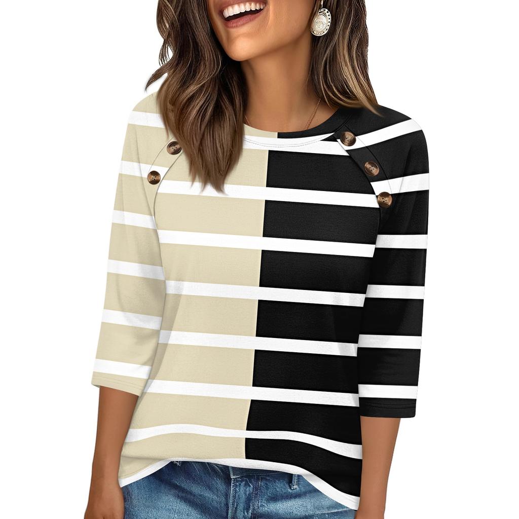 Women 34 Sleeve Crew Neck Button T Shirt Casual Striped Print Loose Fit Pullover Top for Daily Wear Office School Travel