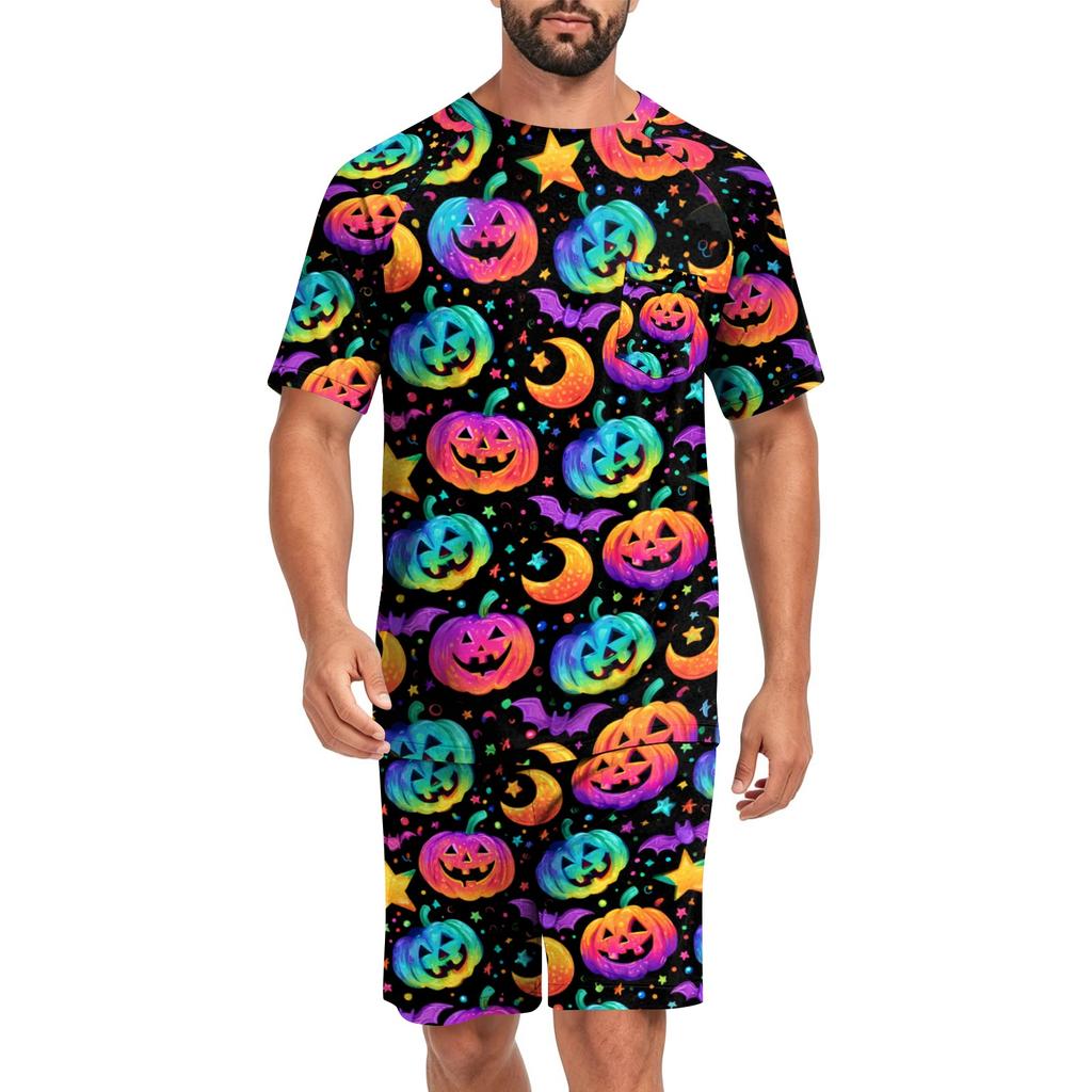 Men's Halloween Casual Pajama Set Short Sleeve Top and Shorts Comfortable Lightweight Sleepwear for Home Relaxation