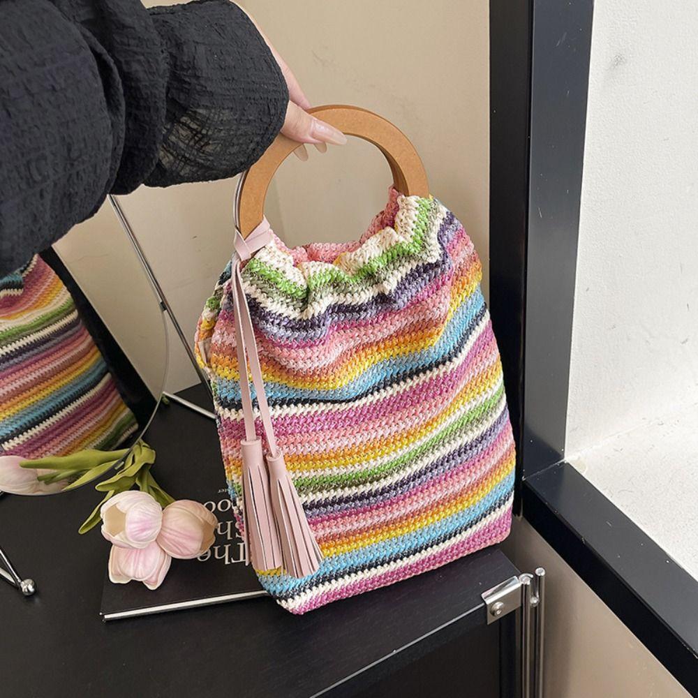 Hollow Out Rainbow Woven Handbag Bohemian Style Underarm Bag Simple Summer Bucket Bag Holiday