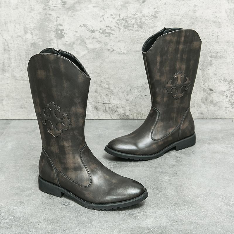 Høye menn, vestlige cowboystøvler, motorsykkel, fritidsstøvler, brune, punkstøvler i skinn Street Style, støvler i større størrelse