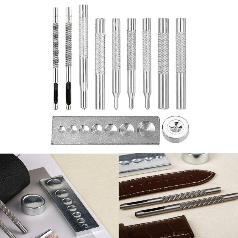9Pcs Snap Fastener Fixing Tool with Hollow Hole Punching Tool, Installing Tool and Base for Leather Belt, Jackets, Tent