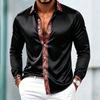 Cămașă formală pentru bărbați, din satin neted, stil luxos, cu mâneci lungi, guler rever, plachetă cu model baroc auriu și manșete bordurate cu