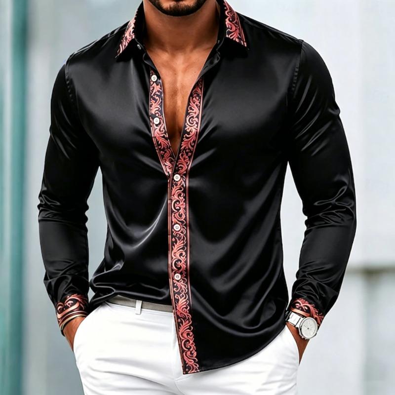 Cămașă formală pentru bărbați, din satin neted, stil luxos, cu mâneci lungi, guler rever, plachetă cu model baroc auriu și manșete bordurate cu