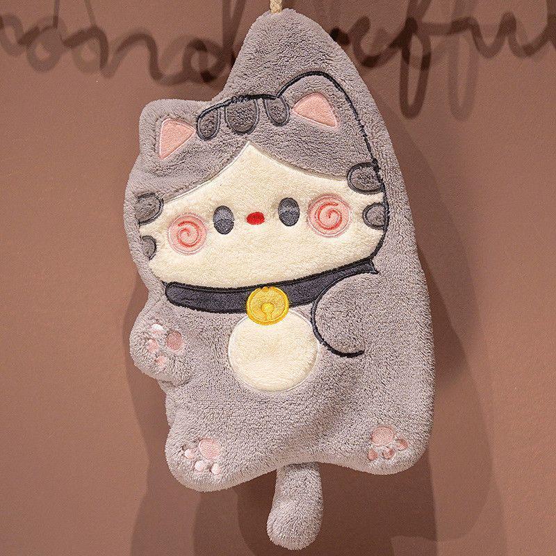 Cartoon Cat Coral Fleece Hangable Hand Towel - Thick, Absorbent, Dual-Use for Kitchen & Bathroom.
