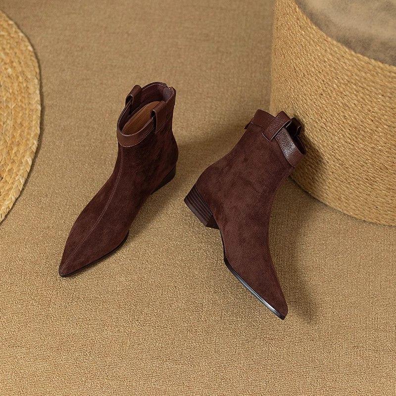 Women's Suede Retro Western Chunky Heel Ankle Boots - Soft Leather Pointed Toe Chelsea Style