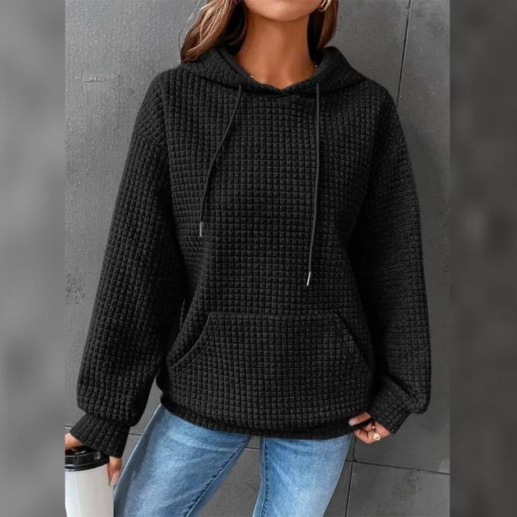 Plaid Pullover Jacket Women Long Sleeve Solid Color Hoodie with Pocket Round Neck