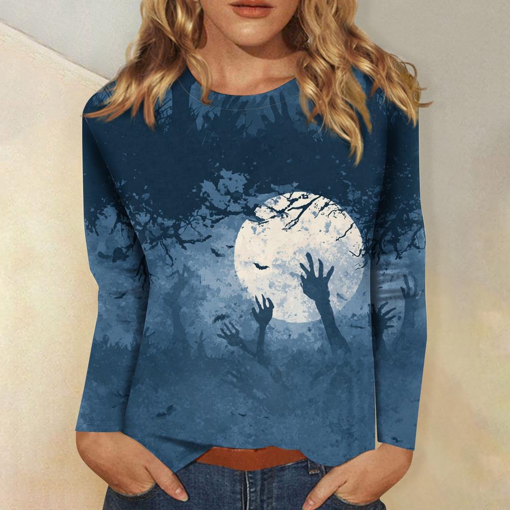 Women's long-sleeved loose-necked Halloween print casual top , suitable for holiday parties