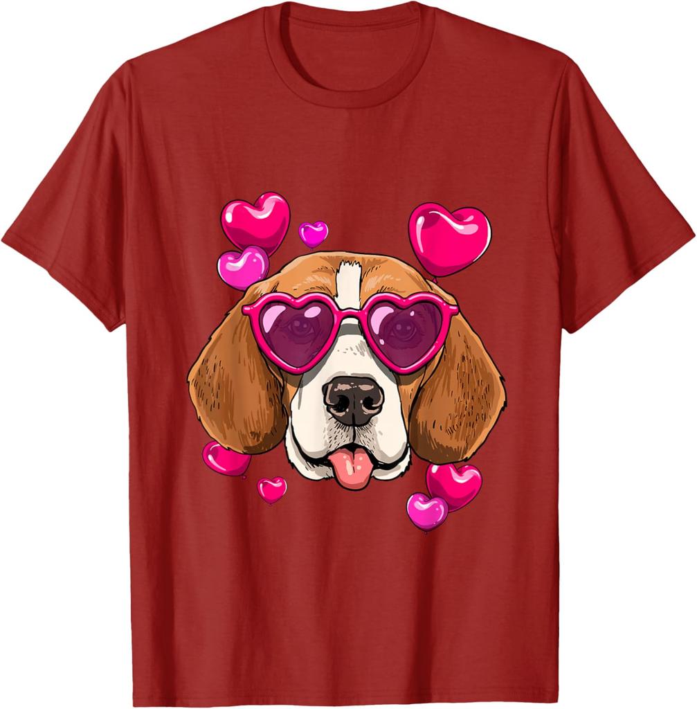 Beagle Heart Sunglasses Valentines Day Dog Lover Graphic Tee Casual Cotton T-Shirt