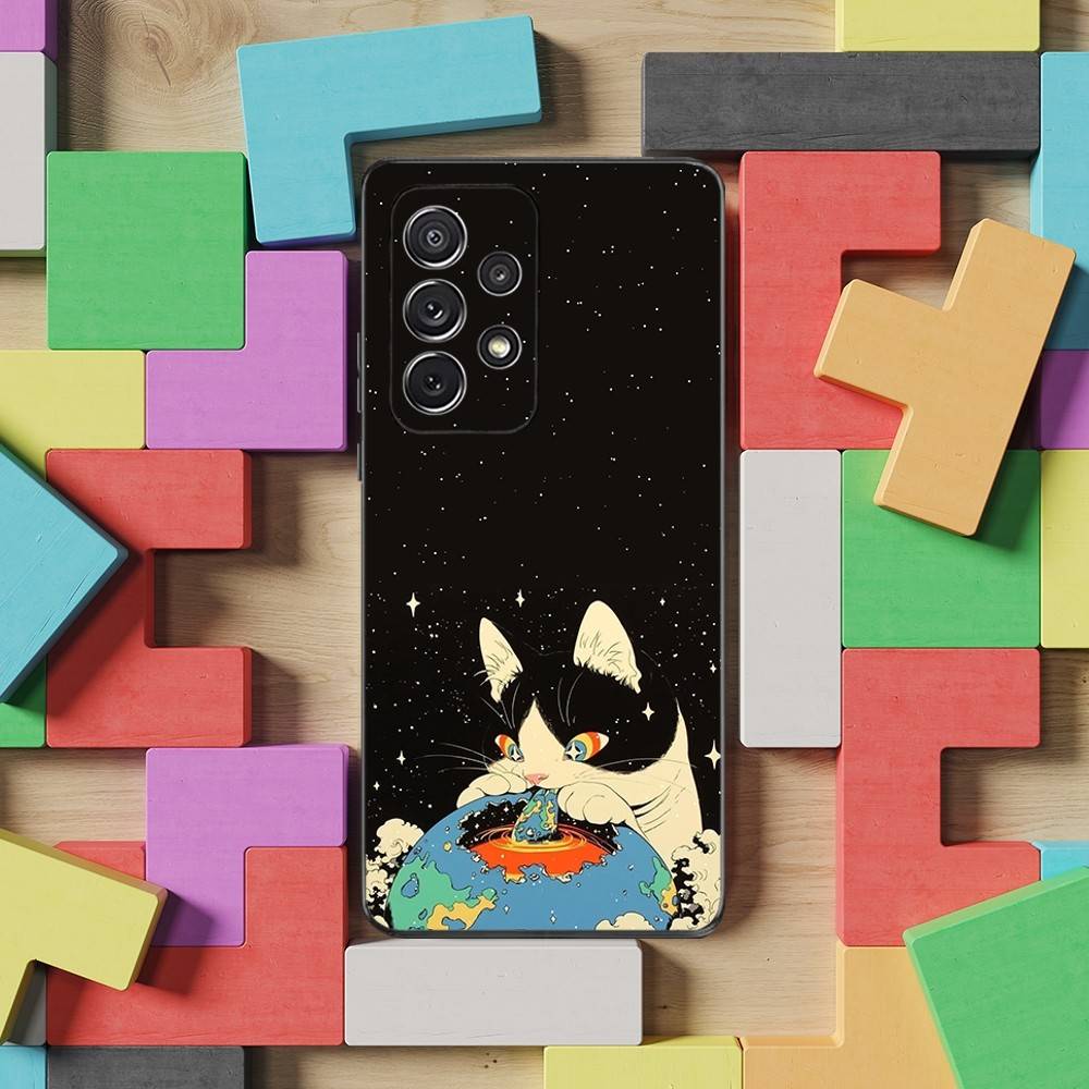 Abstract Cute Kitten Phone Case For Samsung S9,S10,S20,S10,S21,S25,S24,S23,Ultra,FE,Plus,Lite,Soft Silicone Black Cover