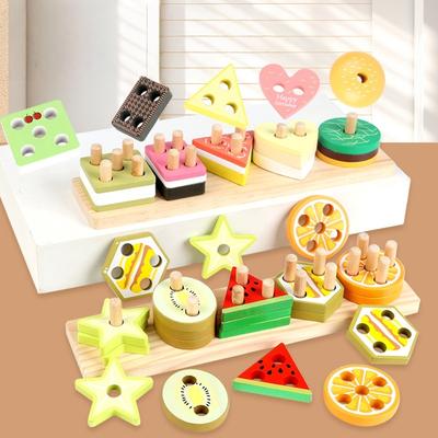 Holz-Kategorien-Stapelspielzeug für Kinder, Bildungs-Farben-Formen-Sortier-Puzzle-Spielzeug, Montessori-Obst-Lebensmittel-Spiel